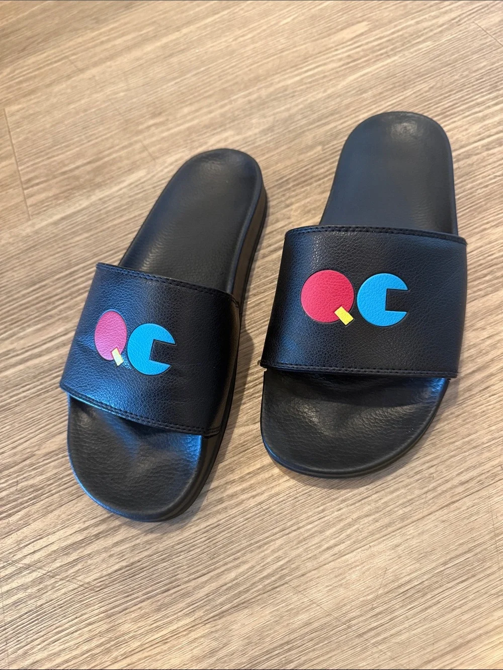 Kids Black Slide Sandals with Cyan & Pink Graphic